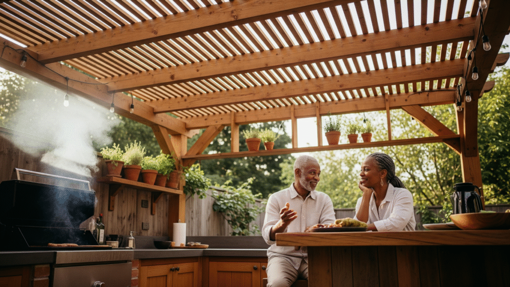 a couple sitting under a wood slatted pergola in their outdoor kitchen